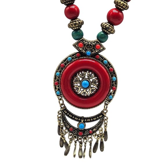 Bohemian Tribal Statement Necklace With Red and Faux Turquoise Beads - Picture 1 of 7